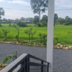 Front entrance view from balcony showing gravel parking area, landscaped stone border, and rice field views with distant traditional houses